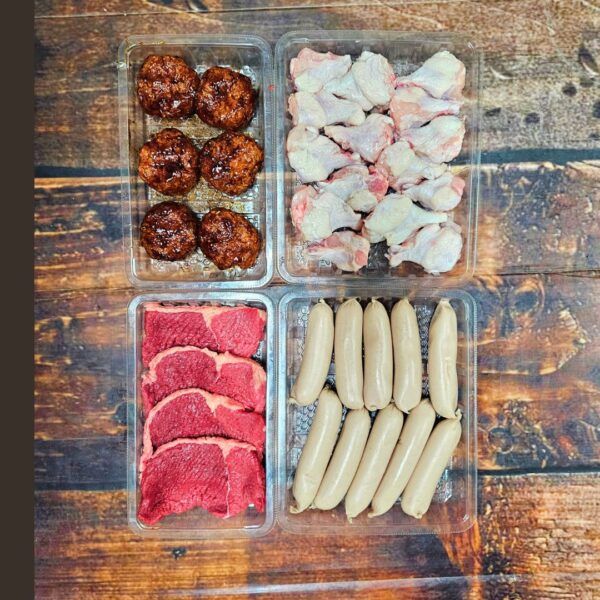 Fresh NZ beef BBQ steak, precooked sausages, honey soy rissoles, and chicken nibbles in the $30 BBQ Pack.