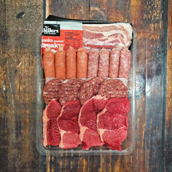 NZ beef BBQ steak, gourmet sausages, beef burger patties, and streaky bacon in the $40 Premium BBQ Pack
